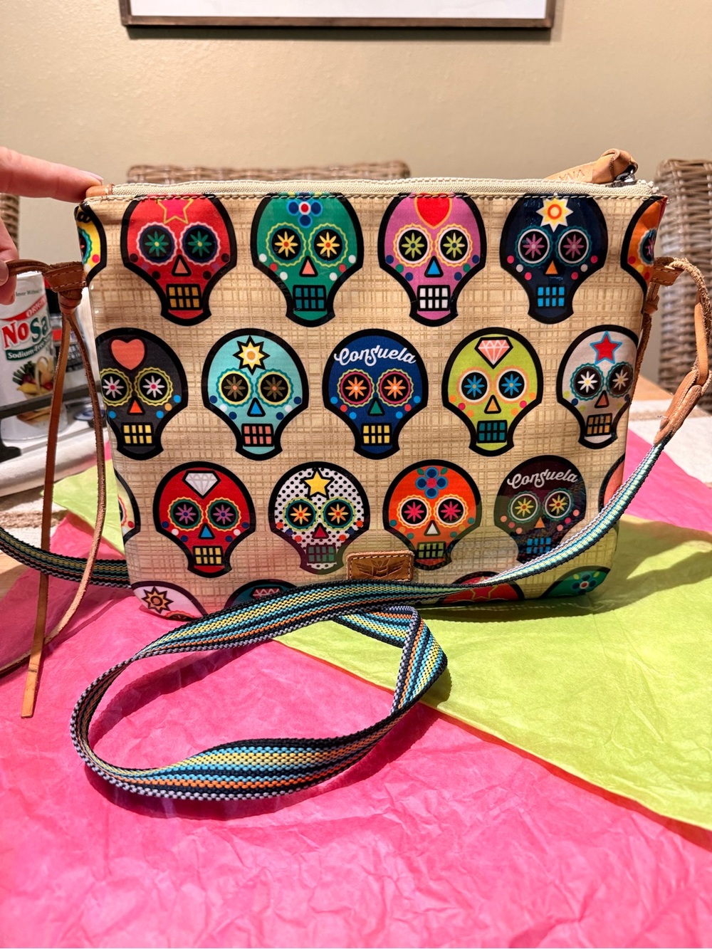 Consuela Sugar Skull Crossbody with Woven Strap!